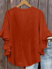 Blusa de estilo bohemio para mujer talla grande con cuello de muesca, dobladillo con volantes y mangas 3/4 en capas - Naranja Quemada - Ver 2