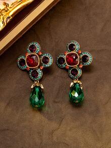 Vintage Victorian Style Cross Flower Gemstone Luxury Earrings, Antique Gold Tone Multi-Color Crystal Teardrop Earrings, Suitable For Formal Occasions Like Gala, Wedding, Ball, Vintage Theme Party, Essential Accessory To Create An Elegant Medieval Ambiance - Multicolor - View 6