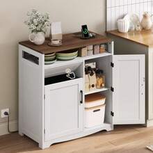 Trash Can Cabinet with Power Outlet 10-Gallon Hidden Kitchen Garbage Bin Cabinet with Adjustable Shelf Wooden Recycling Cabinet for Kitchen Dining Living Room White and Walnut WB04UWH - Nogal blanco - Ver 3