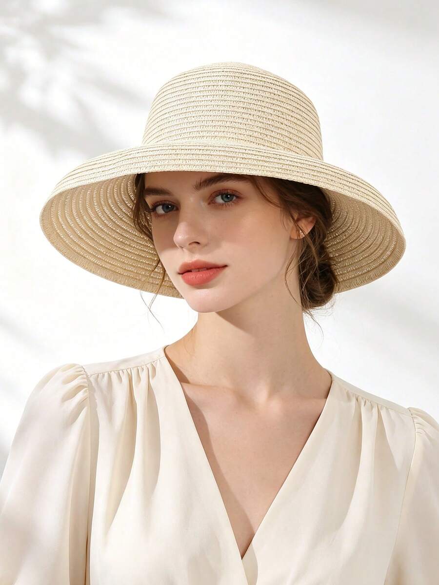 女士大檐草帽夏季防紫外线可折叠沙滩遮阳帽度假 - 大簷草帽 - 查看 1