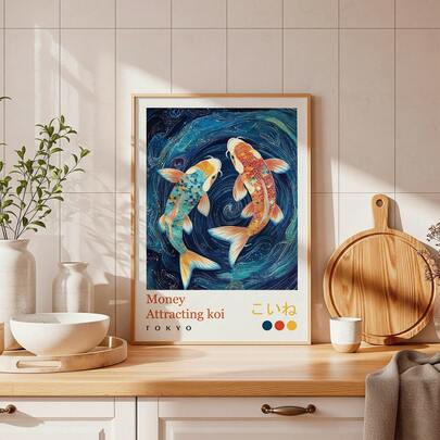 1 buc. Imprimeu artistic fără ramă cu pește Koi Yayoi Kusama, decor japonez modern pentru casă, artă de perete retro funky, poster vintage chic pentru sufragerie, cămin, apartament, petrecere și cadou, poster pentru decor cameră, postere funky, artă de perete pentru dormitor, artă Kusama, decor estetic japonez, elemente esențiale pentru cămin