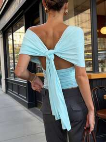 Top corto liso de verano para mujer, sin mangas, con escote en V profundo, corte ajustado, ideal para fiestas y playa. - Azul menta - Ver 2