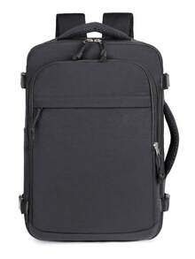 1pc Large Capacity Grey Travel Laptop Backpack. Durable Water-Resistant Nylon Commuter Backpack With Luggage Strap And Multi-Compartment Design. 180° Wide Opening Large Capacity Bag With Separate Laptop Compartment. - Black - View 4
