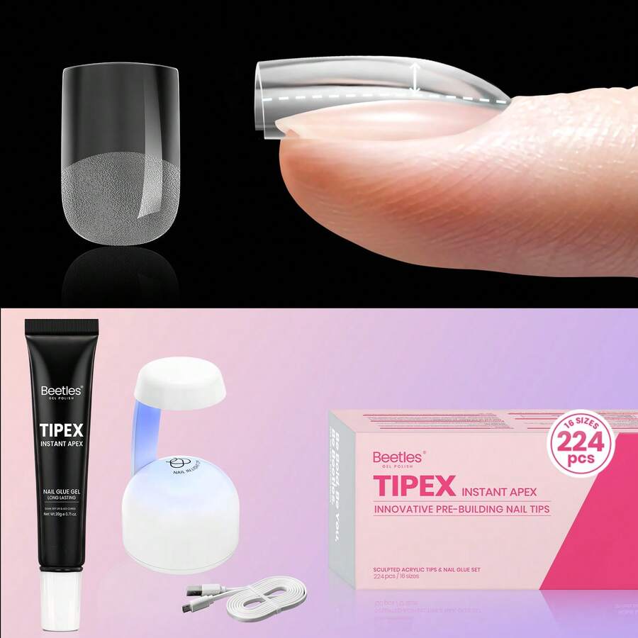 Beetles Tipex Lite Pre-Built Apex Nail Tips Kit, Stiletto Medium, With Tipex Nail Glue, All-In-One Gel Nail Kit - Square Extra Short 224pcs (Tipex Nail Kit) - View 1