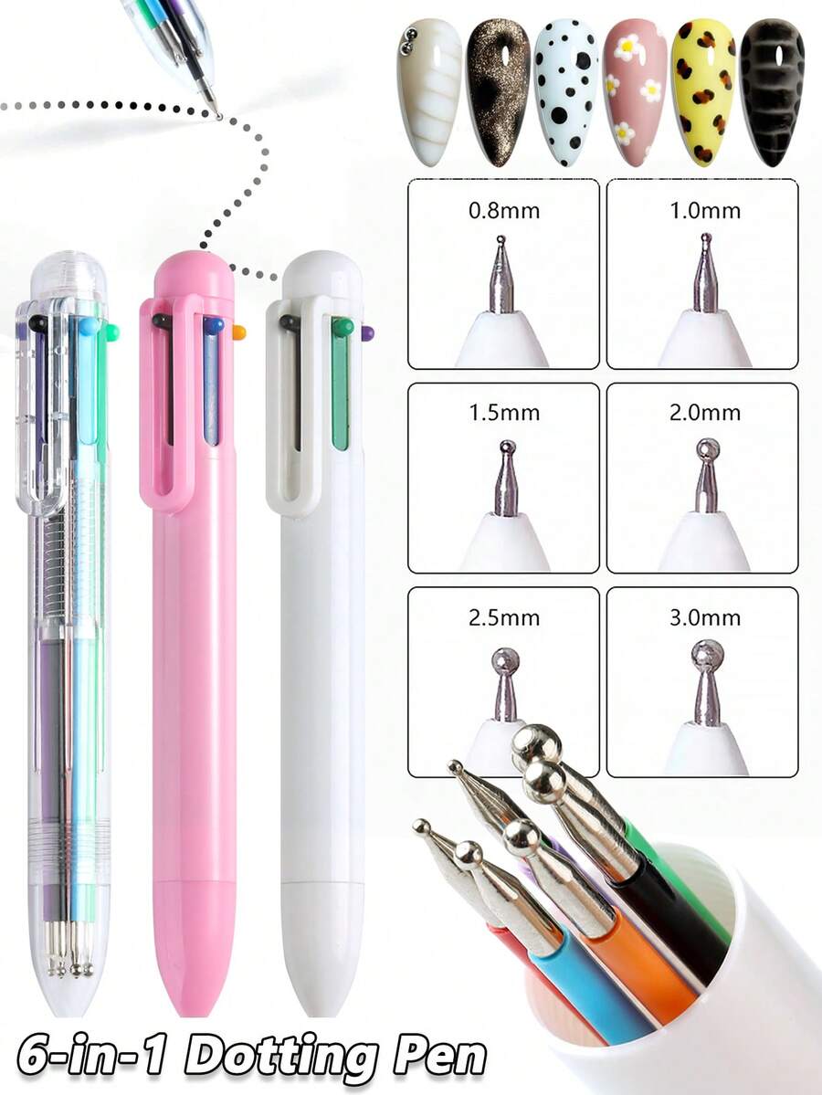 6-In-1 Nail Art Dotting Pen, Ballpoint Pen Design Dotting Tool, Nail Art Pen With Ruler Size Markings, Suitable For Painting, Sculpture, Diamond DIY - Multicolor - View 1