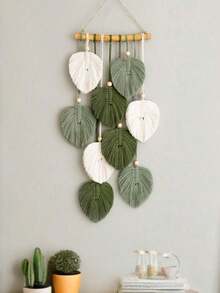 1pc Macrame Wall Hanging, Boho Style Wall Decor Tapestry, Handwoven Green Leaf Tassel Wallpaper CPFK - Green - View 12