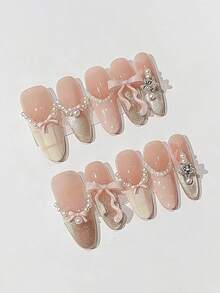 10 móng tay giả thủ công nguyên chất, móng dài, móng hình hạnh nhân, móng màu hồng, kiểu dáng nữ tính nhẹ nhàng, móng ba lê, móng Pháp màu hồng lấp lánh, nơ 3D, ngọc trai, sao, kim cương, chấm bi và kẻ caro được vẽ tay, dễ thương và tinh tế, móng giả nữ tính dành cho phụ nữ và bé gái, thích hợp cho mùa xuân, hè, thu, đông, lễ hội, tiệc tùng và sử dụng hàng ngày. - Hồng - Xem 2