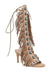 Women's Knee High Sandals High Heel Strappy Gladiator Shoes Fashion Fringe Tassels Lace-Up Sandalas Suede Open Toe With Stones Summer Shoes Beach Party Vacation Comfortable Shoes - 杏色 - 查看 3