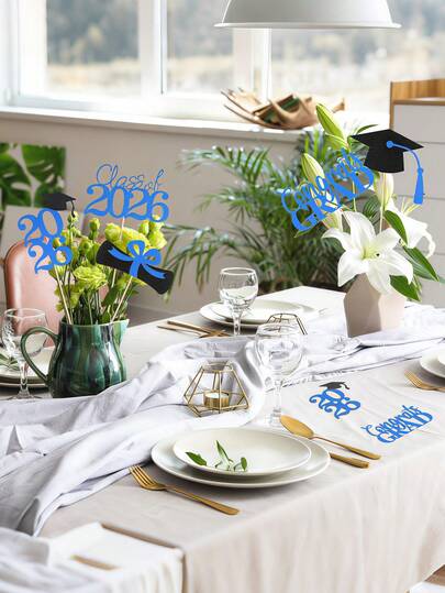 20 piezas - Decoración de graduación 2026, 20 señales de centro de mesa brillantes de doble cara en negro y azul para decoración de mesas de graduación 2026 y suministros para fiestas