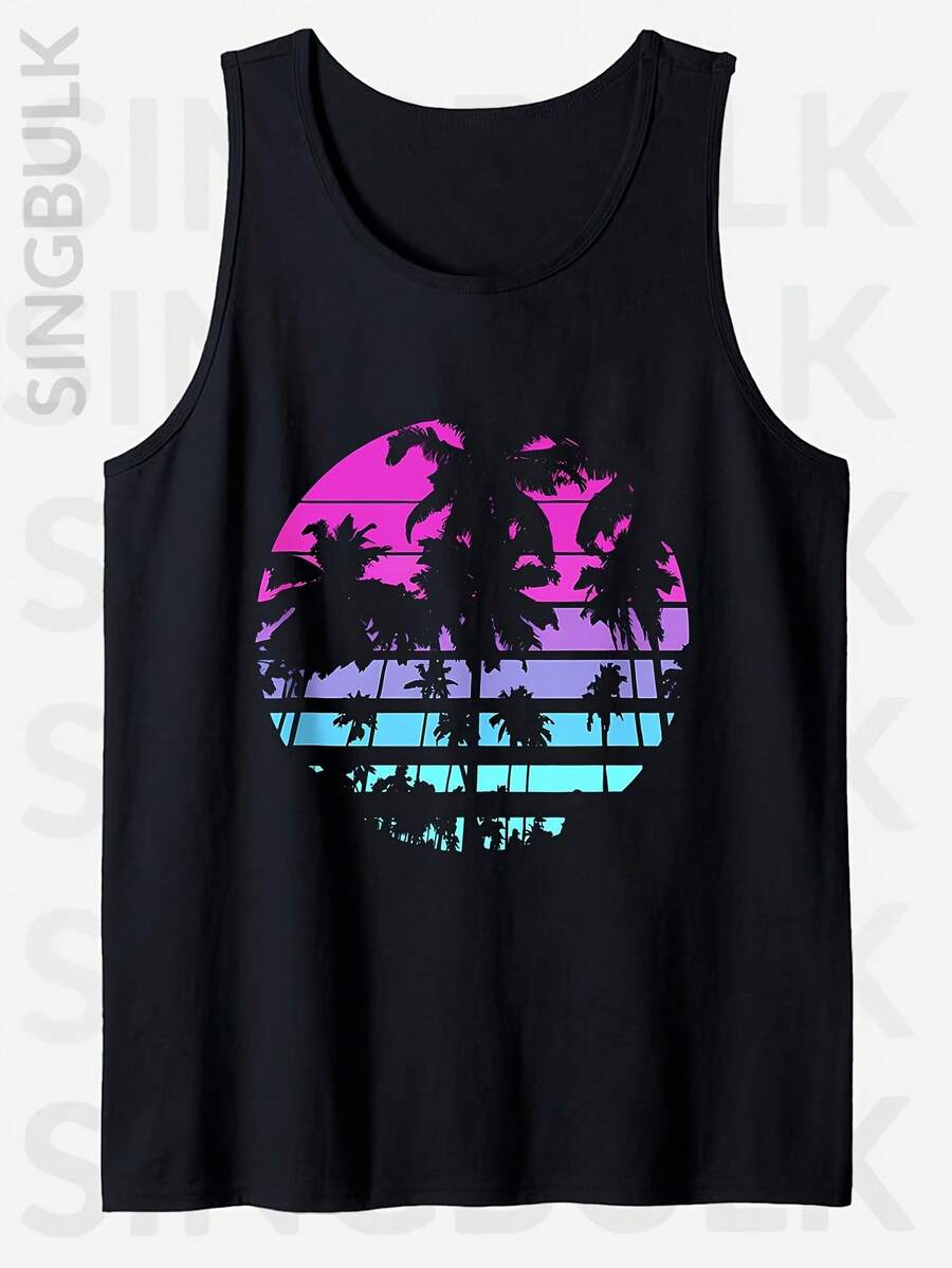 Men'S Cotton Comfy Sleeveless With Beach Palm Trees Print, Casual Round Tank Tops For Summer, Graphic Tee Men'S Outdoor Clothes, Men'S Clothing - 黑色 - 查看 1