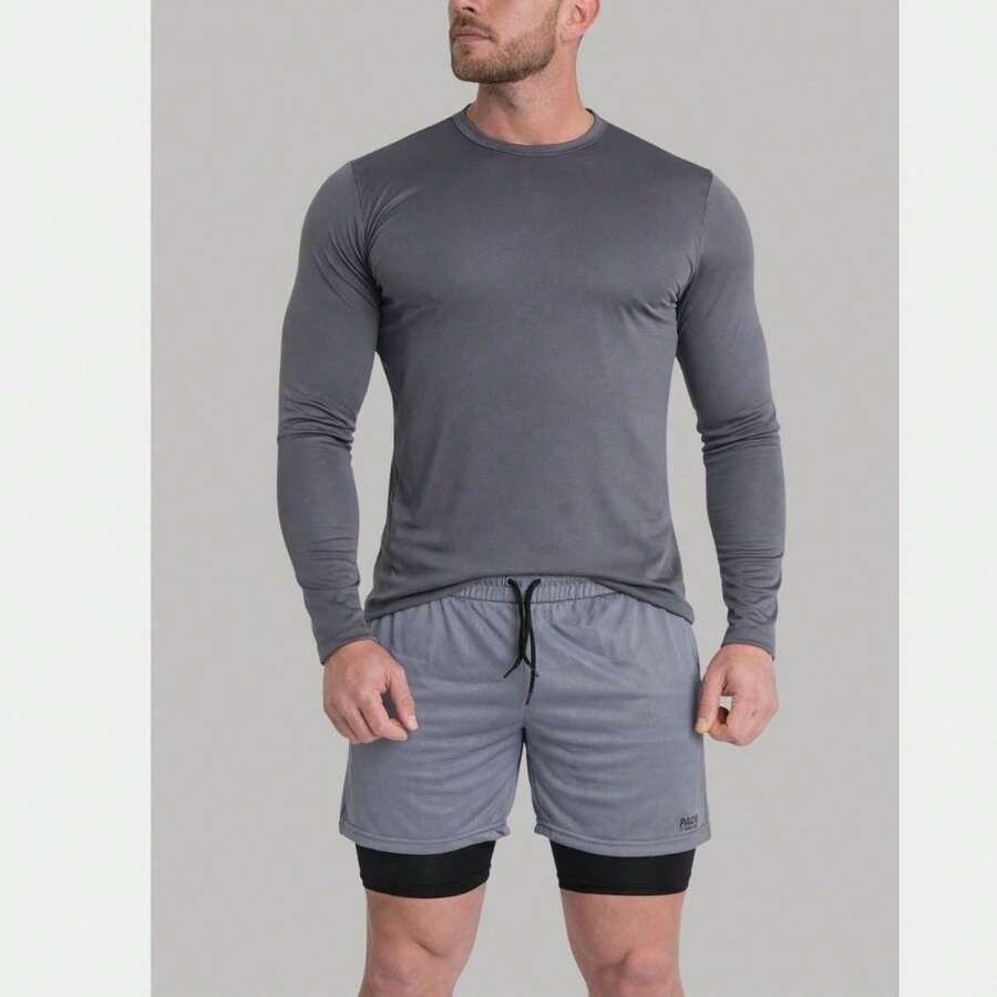 Kit Masculino Fitness Camisa térmica de Manga Longa + Short 2em1 Com Bolsos Proteção Solar UV Academia Corrida Treino Caminhada