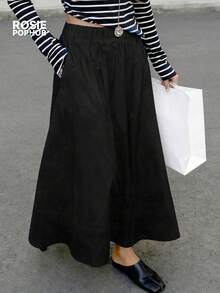 ROSIE POPHUB 女士黑色休闲百搭长裙，优雅学院风，适合办公室、婚礼季、音乐节和外出活动 | 春、夏、冬新款 - 黑色 - 查看 5