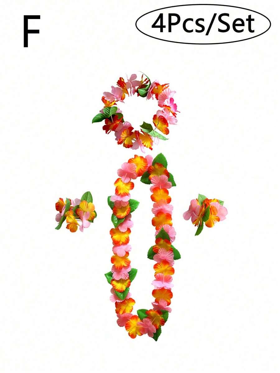 4件套夏威夷热带风情彩色花环项链，布艺人造花装饰，适合夏季泳池派对、夏威夷主题派对、婚礼、海滩、生日、DIY派对服装、复活节、毕业典礼、夏季派对、新年、情人节等场合。 - 多色 - 查看 1