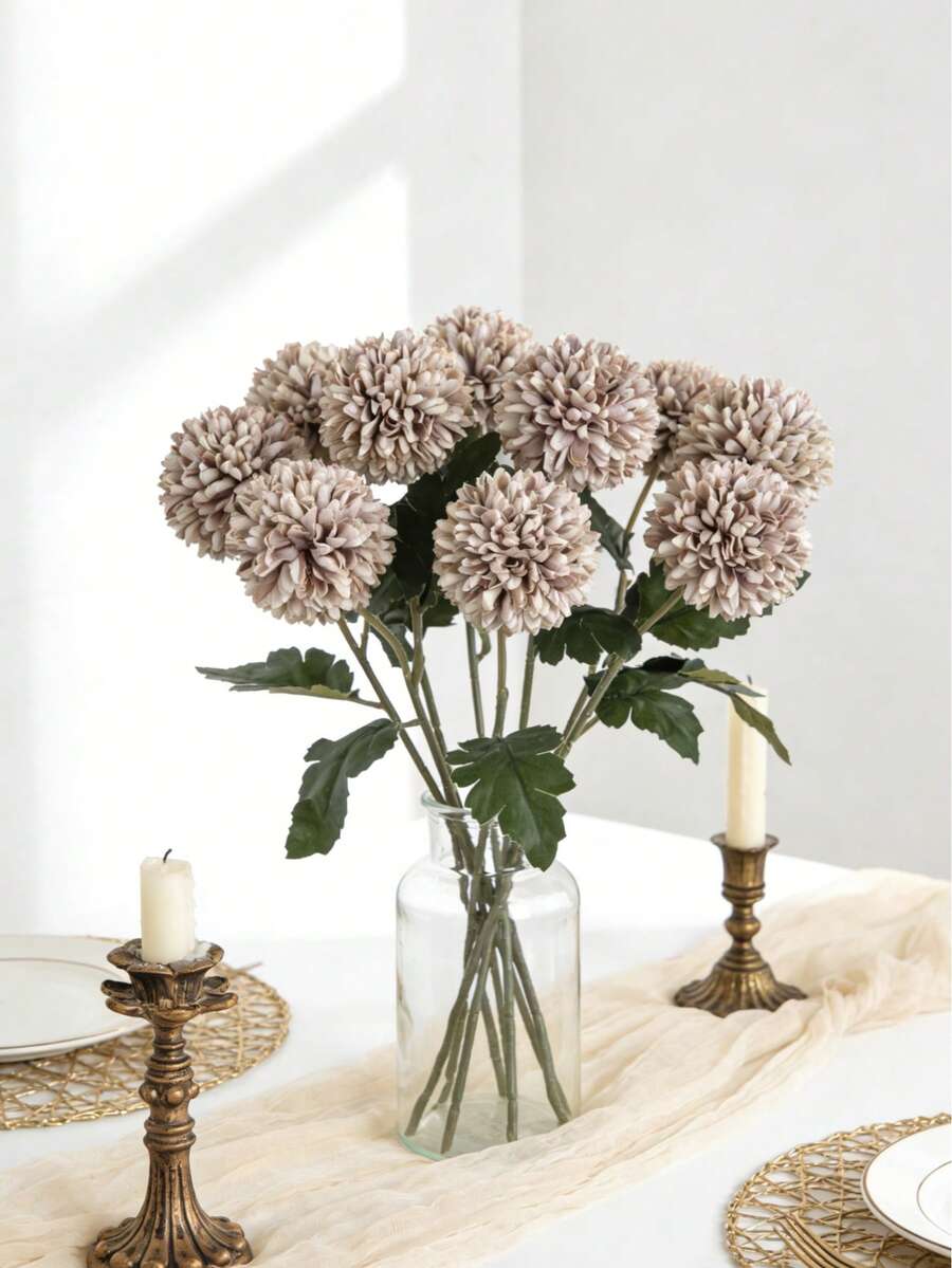 1/5/12 Pcs Artificial Chrysanthemum Ball, Embroidered Ball, Wedding Decoration, Home Vase, Ornaments, Restaurant, Living Room, Bedroom, Bedside Floral Arrangement, Bridal Bouquet, Wrist Flower, Corsage, Birthday Party Decoration Materials, New Year Valentine's Day Gift, Autumn Decoration, Autumn Home Decor, Back To School Room Decor, School Supplies - Coffee Brown - View 1