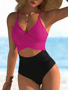 Traje de baño de una pieza sexy para vacaciones de verano con escote en V, volantes y calado en contraste de colores para mujeres - Rosa Fucsia - Ver 3