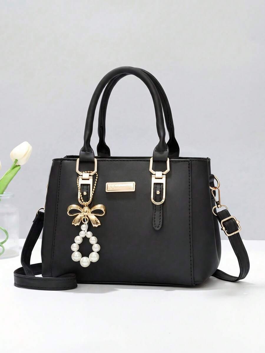 1pc Fashion Versatile Soft & Comfortable Fabric Minimalist Black Handbag, With Pearl Bow Pendant Accessory, Suitable For Travel, Outing, Shopping