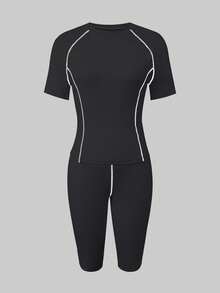 LovelyWholesale 女士条纹拼接圆领T恤和短裤两件套，夏季运动服 - 黑色 - 查看 5