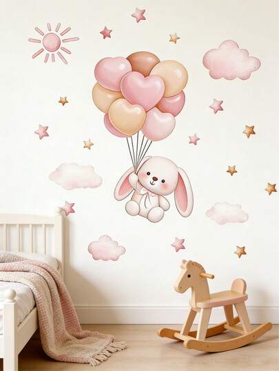1pc Cute Cartoon Bear Balloon And Star Pattern Self-Adhesive Wall Sticker, Decoration For Bedroom Entryway Living Room Hallway, Home Decor Wall Mural, Kids Party, Birthday Party