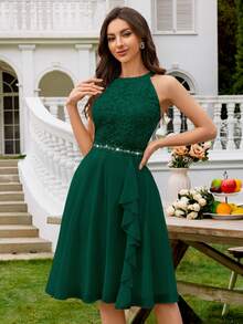 花卉蕾丝荷叶边高领雪纺摆裙，优雅半正式婚礼宾客礼服，适合生日、毕业典礼、返校季及其他场合，春季款。 - 墨綠色 - 查看 6