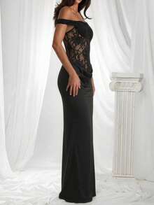 Women's Black Lace Evening Gown, Asymmetrical Strap Fitted Floor-Length Dress, Formal Evening Dress (JH26211) Elegant Summer - Black - View 5