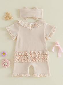 Newborn Baby Girl Outfit Short Sleeve Ruffled Romper Headband Summer Waffle Set - Apricot - View 2