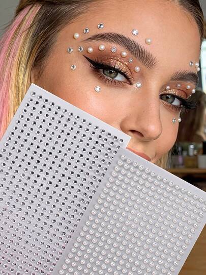 STARTTOOS 2pcs Multi-Rhinestone 3D Silver-White Sparkling Crystal Pearl Decorative Stickers, Suitable For Eyes, Nails, Face Decor, Suitable For Music Festivals, Carnivals, Valentine's Day, Y2K Style Parties, Daily Decoration, Makeup Parties, Balls And Other Occasions, Can Be Used For Hair, Eyes, Face, Body Decoration