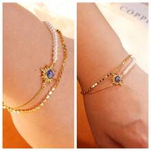 Leocuci Vòng tay vàng đính ngọc trai giả hình ngôi sao dành cho nữ, kiểu dáng điều chỉnh được, nhiều lớp, trang sức dễ thương, tinh tế. - Vàng - Xem 4