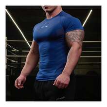 Men's T-Shirt Slim Fit Gym Short Sleeve Crew Neck Moisture Wicking Top For Running Training All Seasons - Blue - View 2