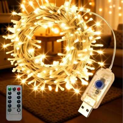 USB 5V 8 种模式带遥控器的仙女灯串，PVC 线仙女灯，柔和暖白光，适用于床头板、婚礼、派对、生日、圣诞节、花园、阳台、房间装饰、节日氛围营造和礼品装饰。