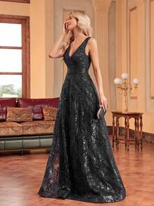 Đầm dạ hội cao cấp dành cho nữ cỡ lớn hiệu BluePlum, cổ chữ V, dáng chữ A, thêu sequin, phối nhiều lớp, thích hợp cho tiệc cocktail, đám cưới, kỷ niệm, gia đình, các dịp lễ trang trọng, tiệc cô dâu, sinh nhật, sinh nhật, tiệc sang trọng cho mẹ cô dâu (đính kèm nhiều chi tiết) màu đen mùa xuân - màu đen - Xem 7