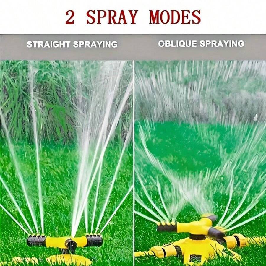 360度自动旋转三爪喷头，水流过后自动喷洒，覆盖范围广，水雾均匀，12个喷嘴，快速接头插入，可串联连接。ABS材质，经久耐用。