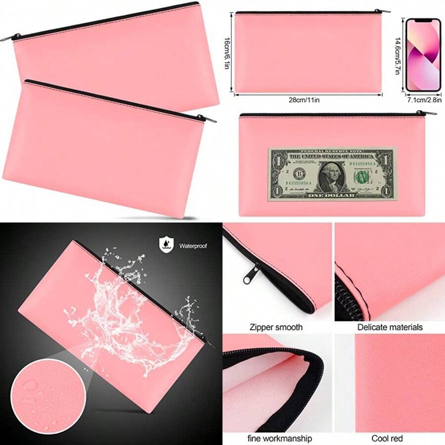 2 Pieces Money Bags With Zipper 11x6.1 Inch Money Pouch Bank Bag Cash Bag Check Wallet Cosmetics Pink - 粉色 - 查看 1