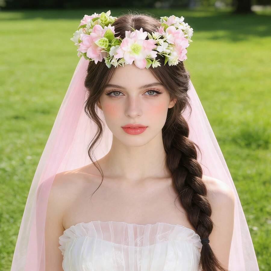 1 chiếc phụ kiện đội đầu cô dâu kiểu Boho thủ công màu hồng với hoa, khăn voan cưới màu hồng, thích hợp cho mùa hè hoặc đi biển. - Hồng - Xem 1