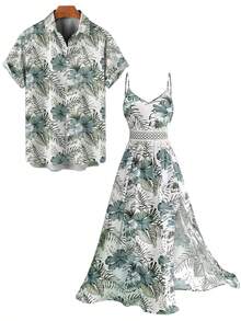 Vacation Couple Outfit Hibiscus Floral Leaf Pattern Geometric Lace Panel Hollow Out Long Dress And Button Up Shirt Casual Matching Outfit - 薄荷綠 - 查看 2