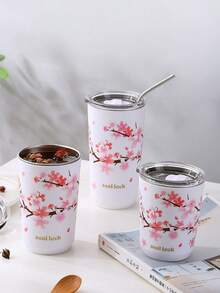 1pc Women's Sakura Flower Insulated Tumbler With Lid, Pink Floral Pattern, Double-Wall Vacuum Design, Suitable For Carrying Hot Drinks Like Coffee And Tea Outdoors, Travel Coffee/Tea Cup, Gift For Women, Family, Friends - Multicolor - View 1