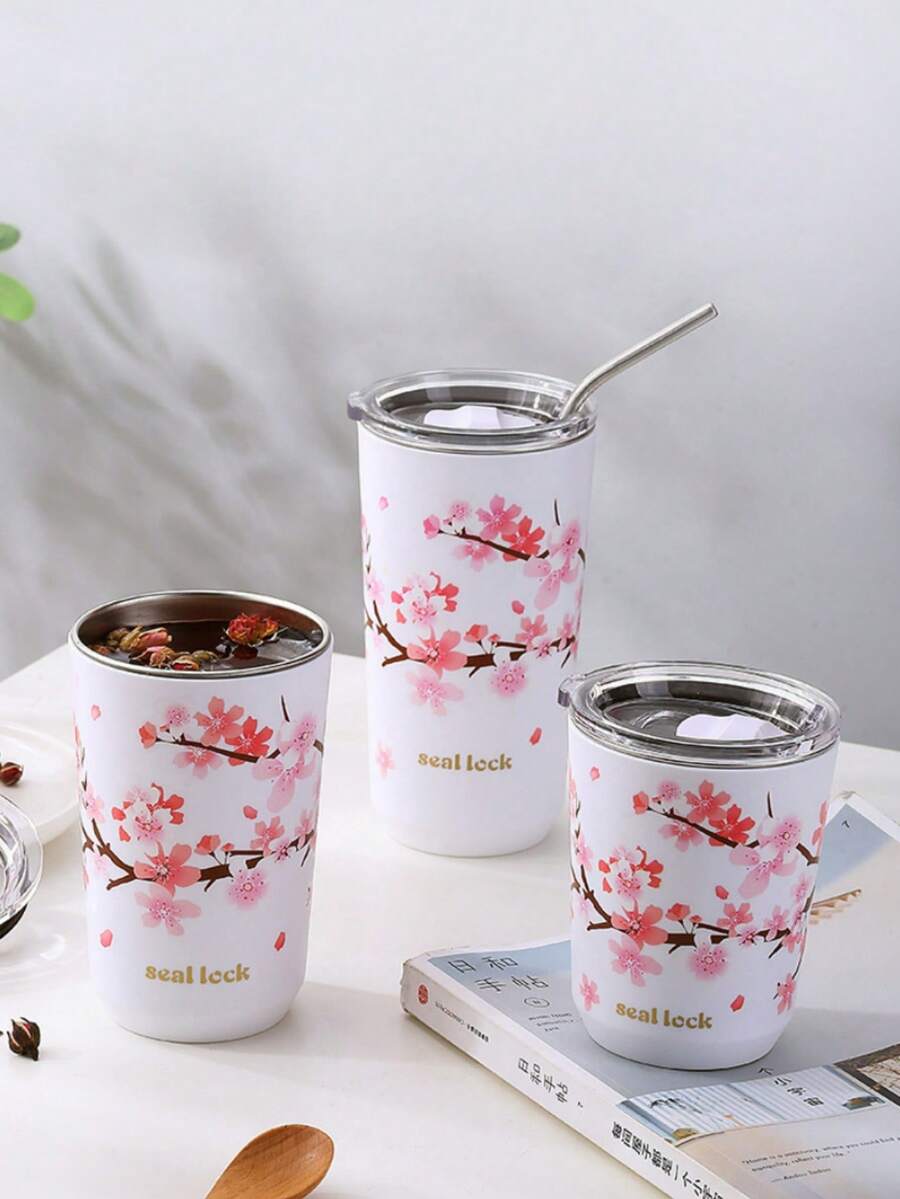1pc Women's Sakura Flower Insulated Tumbler With Lid, Pink Floral Pattern, Double-Wall Vacuum Design, Suitable For Carrying Hot Drinks Like Coffee And Tea Outdoors, Travel Coffee/Tea Cup, Gift For Women, Family, Friends - Multicolor - View 1