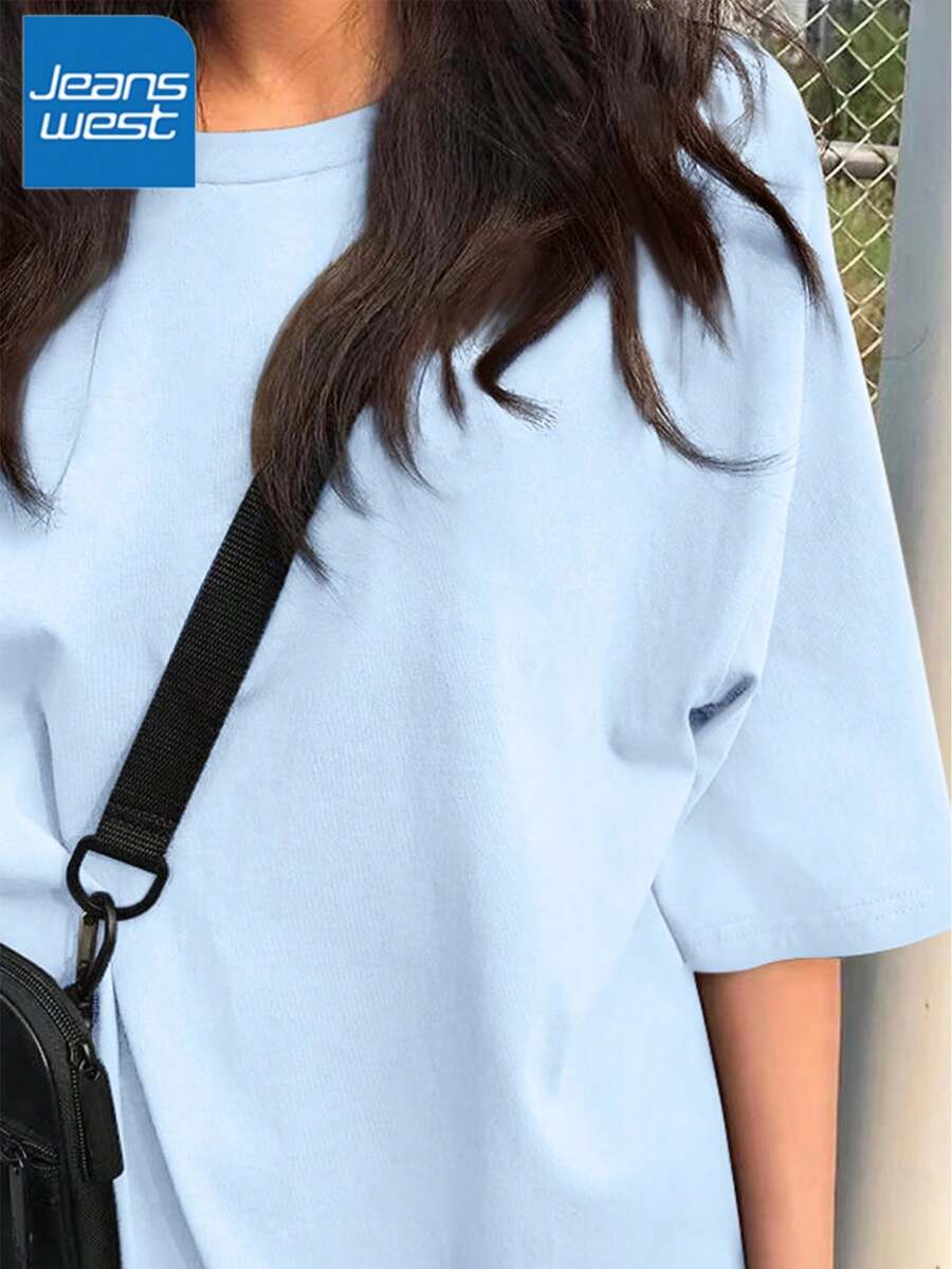 Plus Size Short Sleeve Loose 100% Pure Cotton Graphic Tee, Oversized Women's Soft, Summer Top For Women - 藍色 - 查看 1