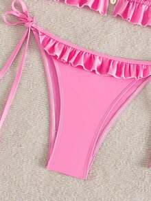 Swim Mod Women's Swimsuit, Two-Piece Bikini Set With Halter Neck, Ruffles And Bow In Solid Color For Summer - 玫瑰 - 查看 5