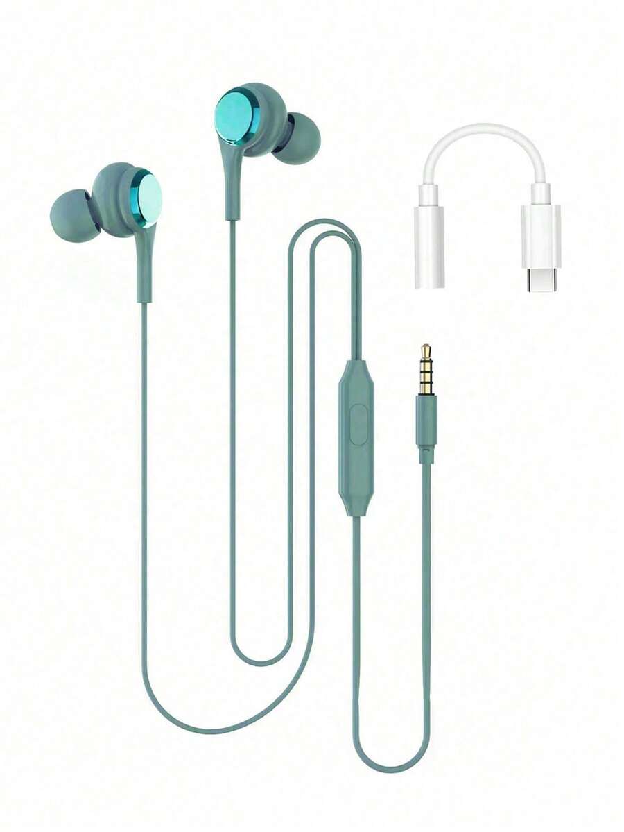 Macaron Color In-ear 3.5mm Interface With Mic Wired Earphone , Game Earphone With Remote Control. With Type-c To 3.5mm Audio Jack Adapter , Type-c/3.5mm Universal Wired Earphone - Hijau - View 1