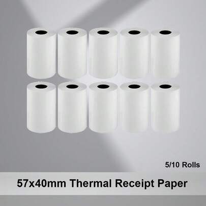 5/10 cuộn giấy in hóa đơn nhiệt 57x40mm, chất lượng cao, tương thích với máy tính tiền POS và máy thanh toán thẻ tín dụng.