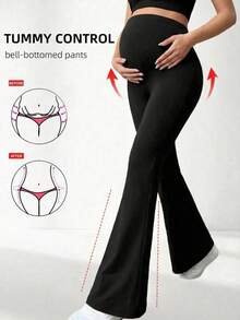 Women's Solid Color High Waist Elastic Casual Flare Pants, Maternity Pants Black Spring - Black - View 4