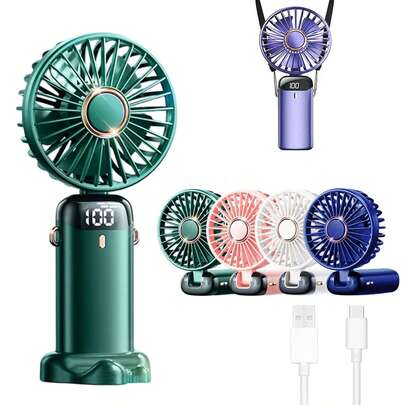 1pc Handheld Mini Fan, Portable USB Rechargeable Fan, Electric Fan, Neck Hanging Fan, USB Fan, 5 Wind Speeds, With Digital Display And Lanyard, Portable Fan, Turbo Fan, 90° Foldable With Stand, Can Be Used As Phone Holder, Makeup Fan, Suitable For Office Desk, Dorm, Rechargeable, Outdoor Use, Summer Travel Essential, 800mAh Battery Capacity
