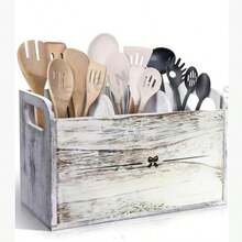 1pc Rustic Wooden Kitchen Utensil Storage Rack | 3-Compartment Countertop/Wall-Mounted Organizer | Cooking, Dining, Baking Tools Accessories - Multicolor - View 5