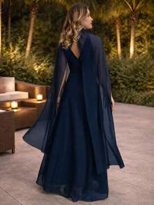 Bridesmaid Dress With Long Cape - Azul Marino - Ver 2