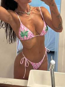女款棕櫚樹與棋盤格印花比基尼套裝，休閒度假音樂節外出風格，春夏海灘粉色 - 粉色 - 查看 10