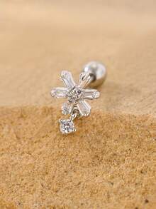 1pc Snowflake Zirconia Inlaid 316L Stainless Steel & Copper Combination Earring Stud, Minimalist Fashionable Cartilage Piercing, Shaft Thickness 1.2mm, Shaft Length 6mm - Silver - View 1