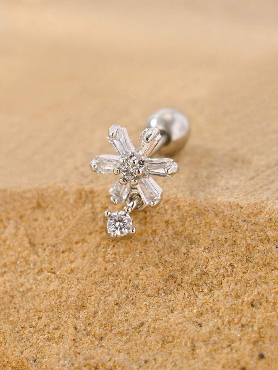 1pc Snowflake Zirconia Inlaid 316L Stainless Steel & Copper Combination Earring Stud, Minimalist Fashionable Cartilage Piercing, Shaft Thickness 1.2mm, Shaft Length 6mm - Silver - View 1