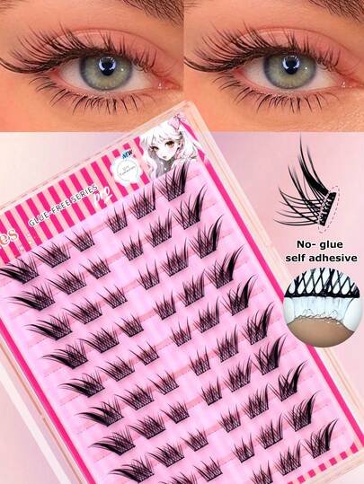 HZAlley 새로운 60개 글루 프리 폭스 테일 속눈썹, 자연스러운 모습, 풍성한 볼륨, 자체 접착, 제거 불필요, 초보자 친화적, C-컬, 눈 윤곽에 맞음