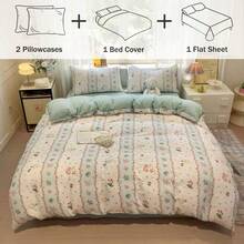 4 piezas Juego de ropa de cama suave y cómodo con estilo INS, estampado de conejo y fresa (1 Edredón + 2 Fundas de almohada + 1 Sábana plana, sin relleno), Juego de ropa de cama reversible con estampado de conejo a rayas, Edredón de jacquard de nube transpirable, Adecuado para dormitorio, habitación de invitados - verde menta - Ver 13