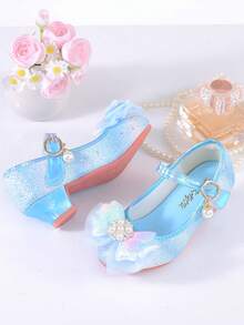 Shiny Rainbow Princess Girl's High Heels, Glitter Blue Formal Shoes With Faux Pearl And Rhinestone Decor, Non-Slip Rubber Sole, Closure, Suitable For Performance And Party - Blue - View 2